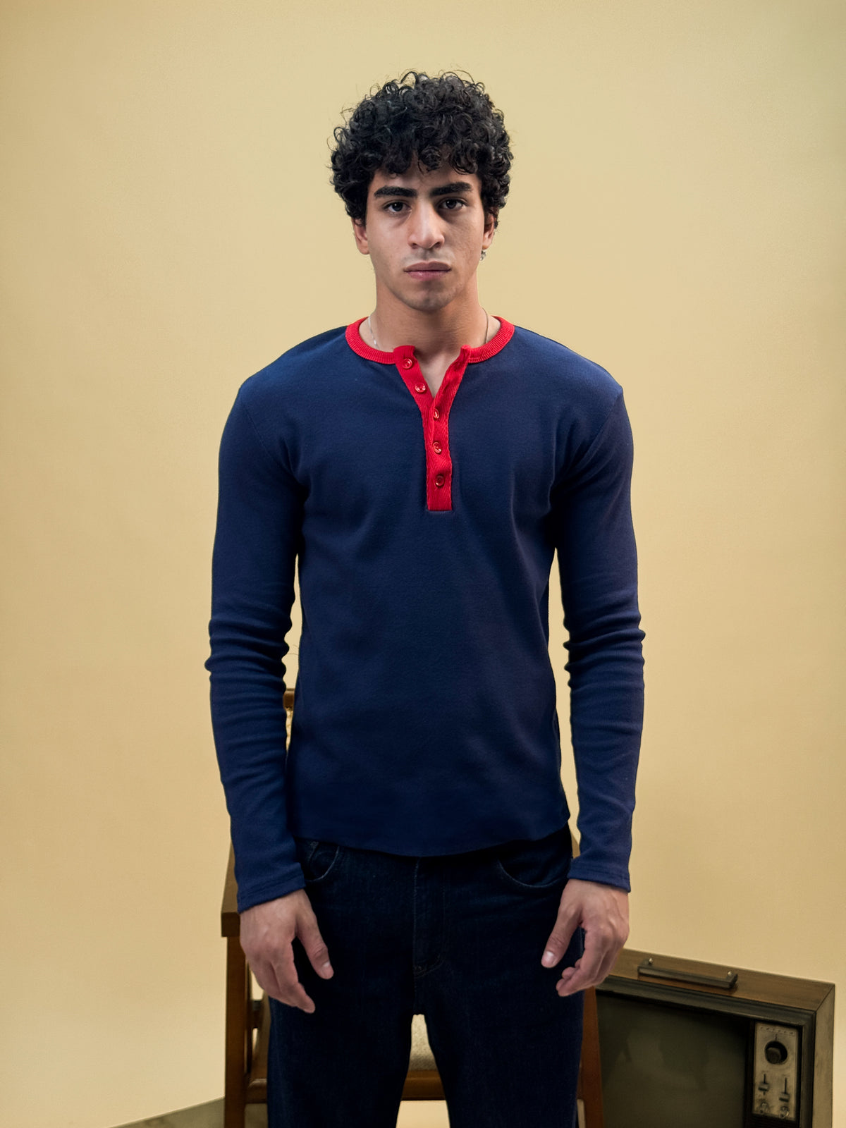 Misfits Waffle Henley - Navy / Red