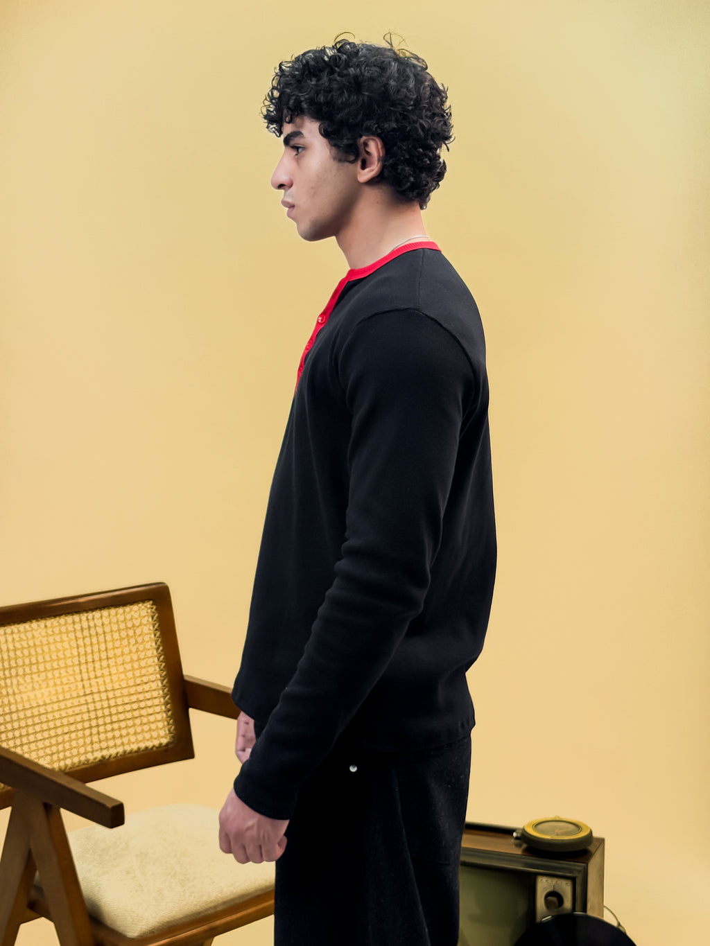Misfits Waffle Henley - Black / Red